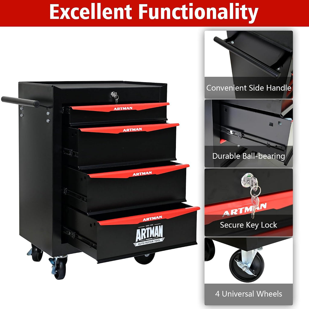 4 Drawers Tool Cart on Wheels, Multifunctional Rolling Tool Storage Chest, Drawers Rolling Trolley Organizer Tool Box for Warehouse, Garage, Workshop, Repair Shop (4 Drawers-30.5' H)