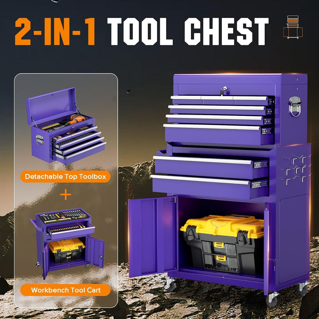 8-Drawer Rolling Tool Chest - Heavy-Duty Steel Tool Cabinet with Detachable Top Box, Locking Wheels & Security System for Garage/Workshop, 2-in-1 Design,Purple