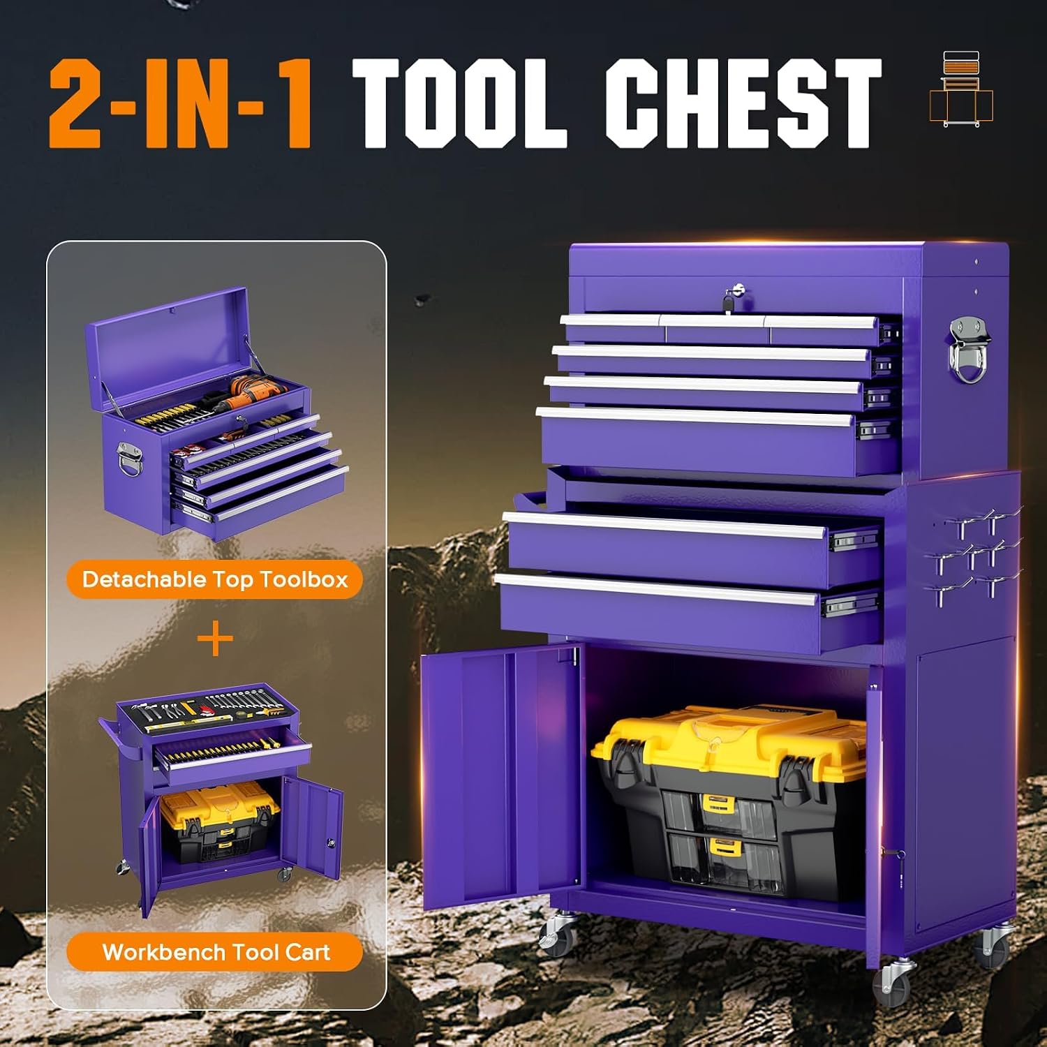 8-Drawer Rolling Tool Chest - Heavy-Duty Steel Tool Cabinet with Detachable Top Box, Locking Wheels & Security System for Garage/Workshop, 2-in-1 Design,Purple