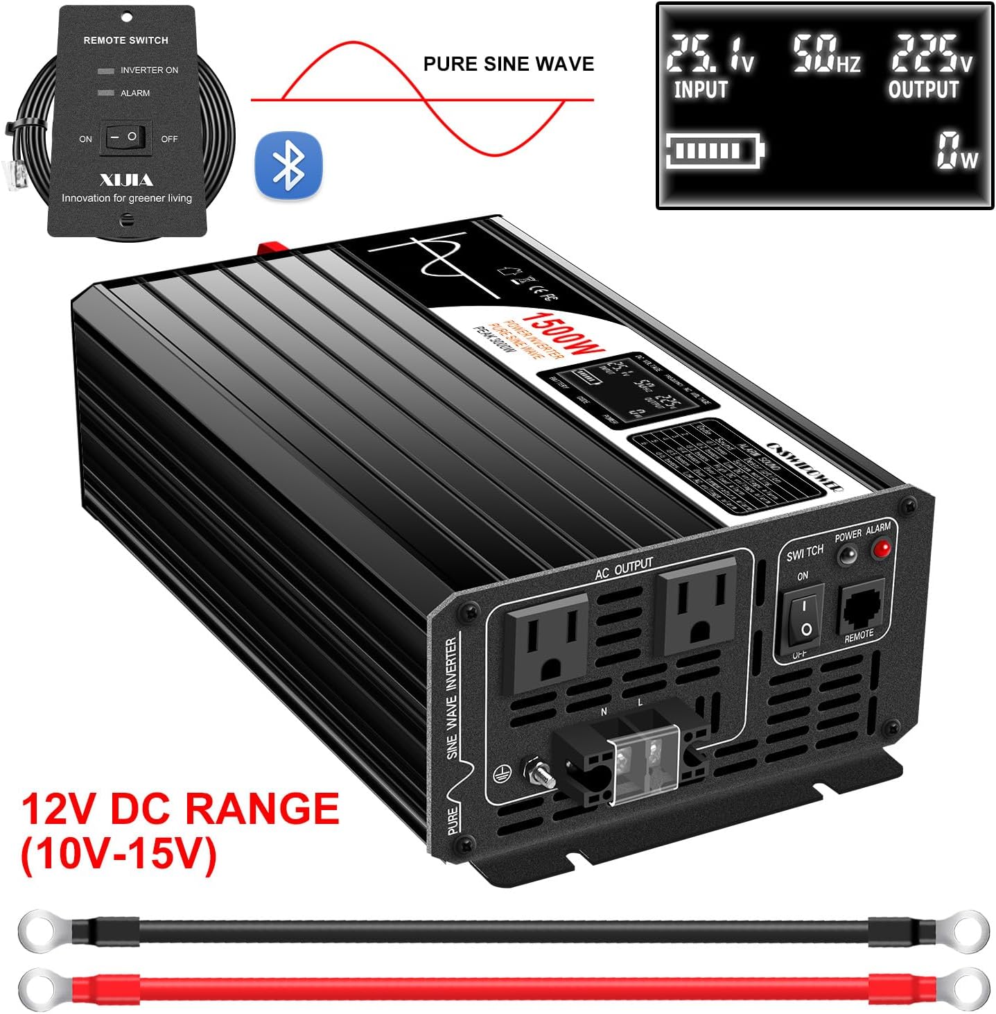 Xijia 1500W Power Inverter，12V to 120V Pure Sine Wave Inverter，Surge 3000W Solar Converter for Truck，Home Backup Solar Systems ，with Bluetooth Remote Control