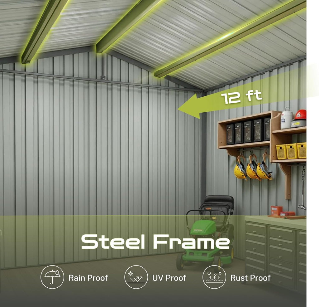 LINKHOO 12'x10' Metal Garden Shed，with Window & Sliding Door，Grey