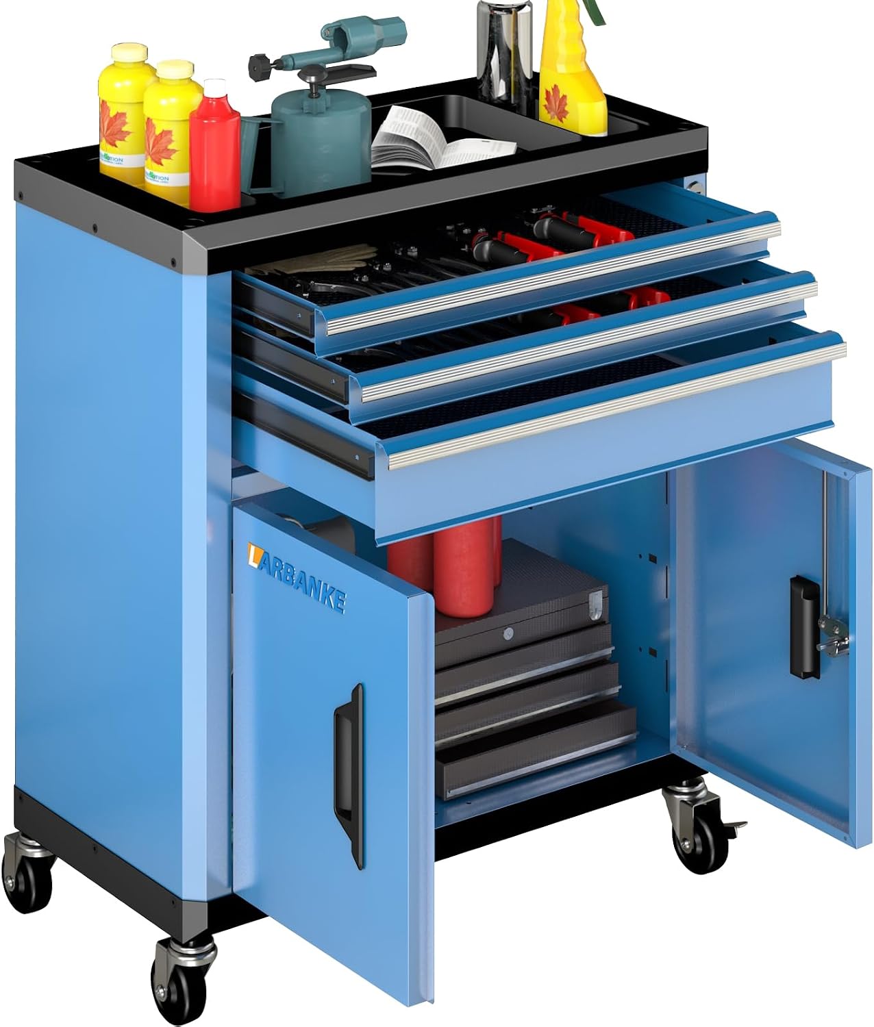 LARBANKE Rolling Tool Chest with Lock&Keys,360° Wheels and Drawer Liners,Tool Cabinet with 3 Drawers&2 Doors,Tool Cabinet Equipped with Connecting Rods for Stacking with 5&7-Drawer Chest
