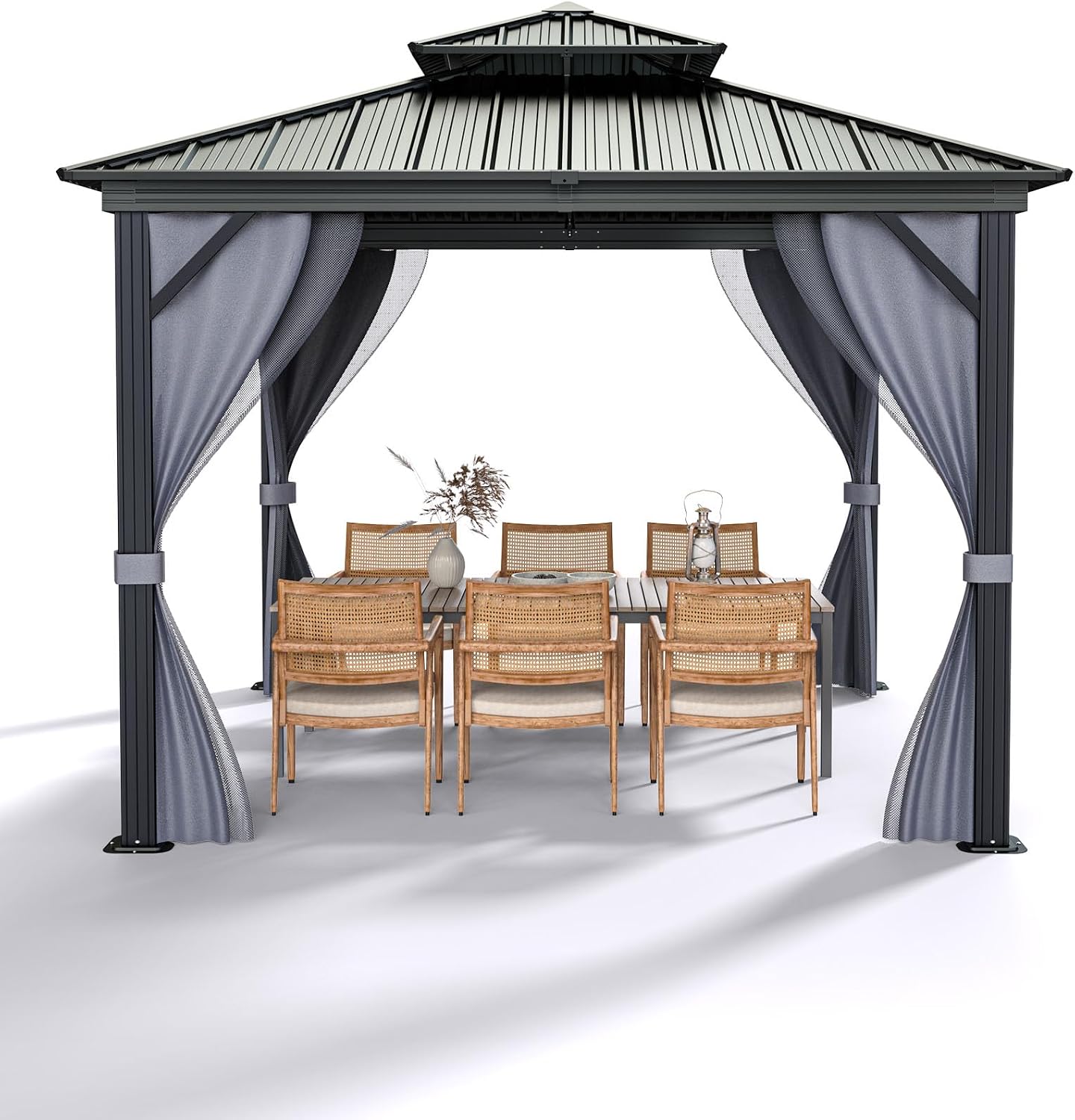 12x16FT Hardtop Gazebo, Aluminum Frame with Double Galvanized Steel Roof, Outdoor Metal Pavilion with Netting and Curtains for Patio, Garden, Lawn, and Backyard, Gray