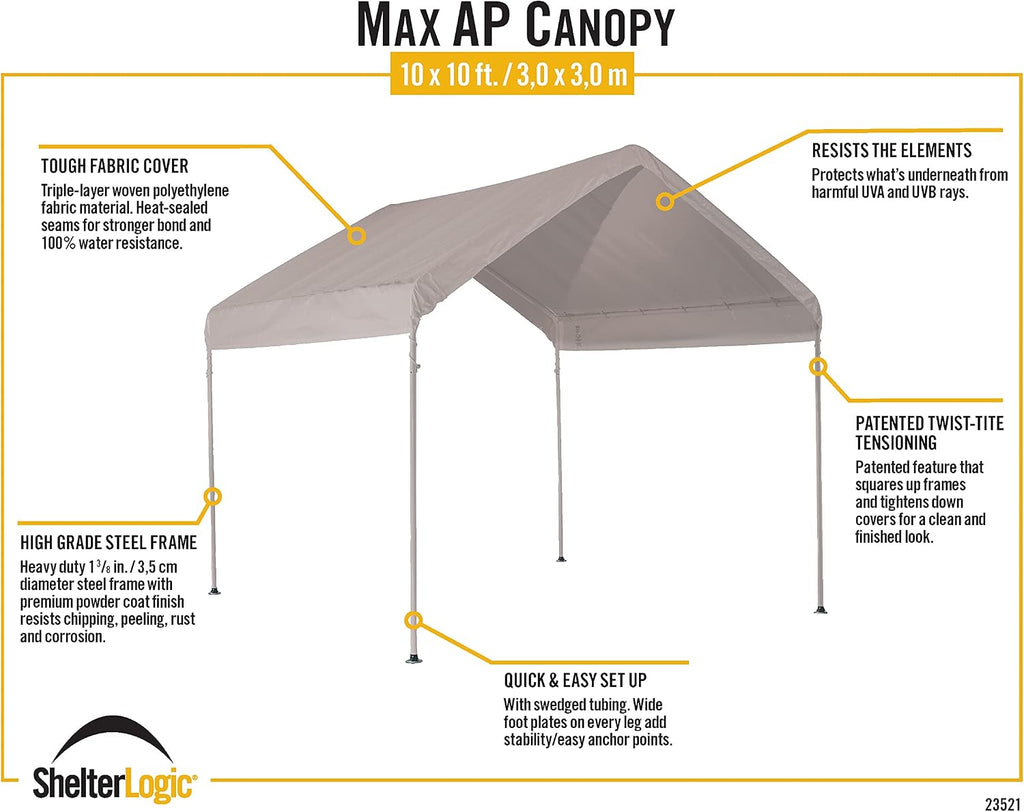 ShelterLogic 10' x 10' MaxAP Canopy Series Compact Outdoor Easy to Assemble Steel Metal Frame Canopy with 50+ UPF Sun Protection and Waterproof Cover, White, 23521