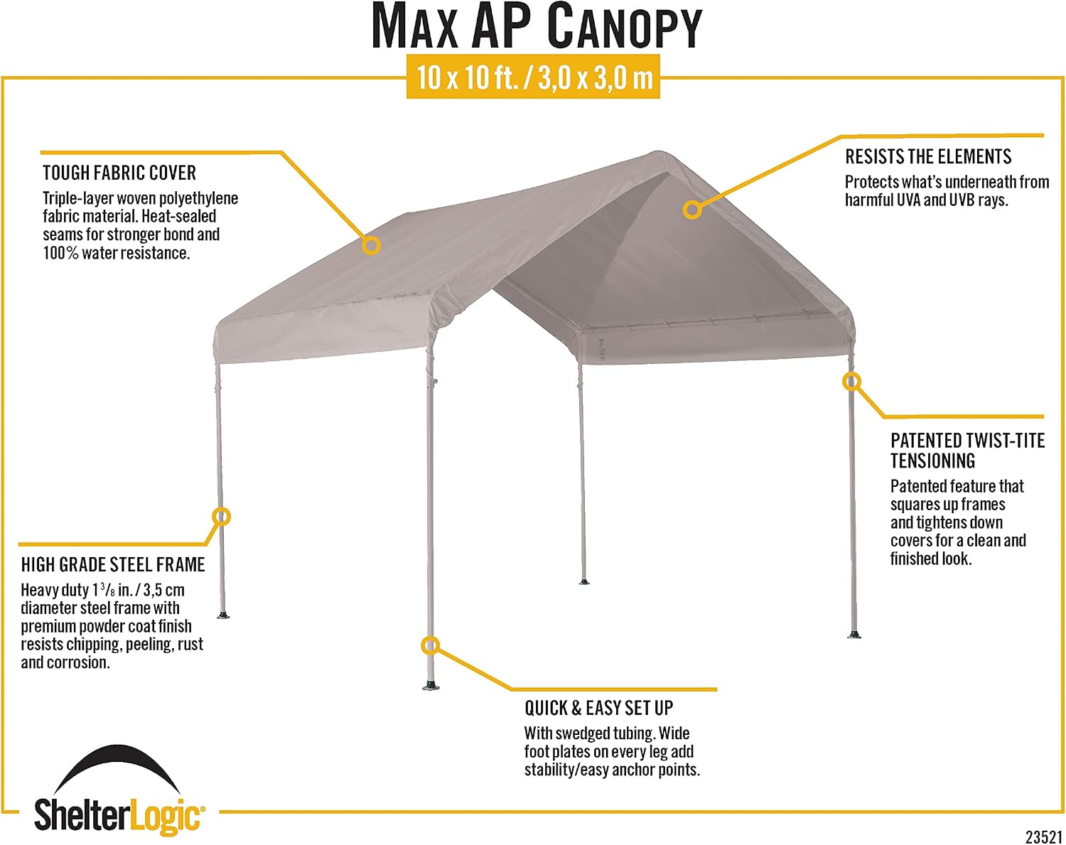 ShelterLogic 10' x 10' MaxAP Canopy Series Compact Outdoor Easy to Assemble Steel Metal Frame Canopy with 50+ UPF Sun Protection and Waterproof Cover, White, 23521