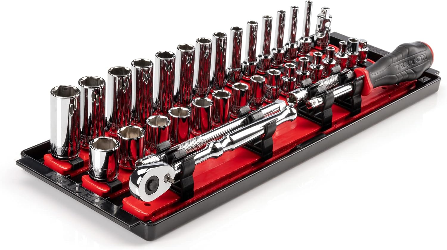 TEKTON 1/4 Inch Drive 6-Point Socket and Ratchet Set with Rails and Tray, 35-Piece (4-15 mm) | SKT03201