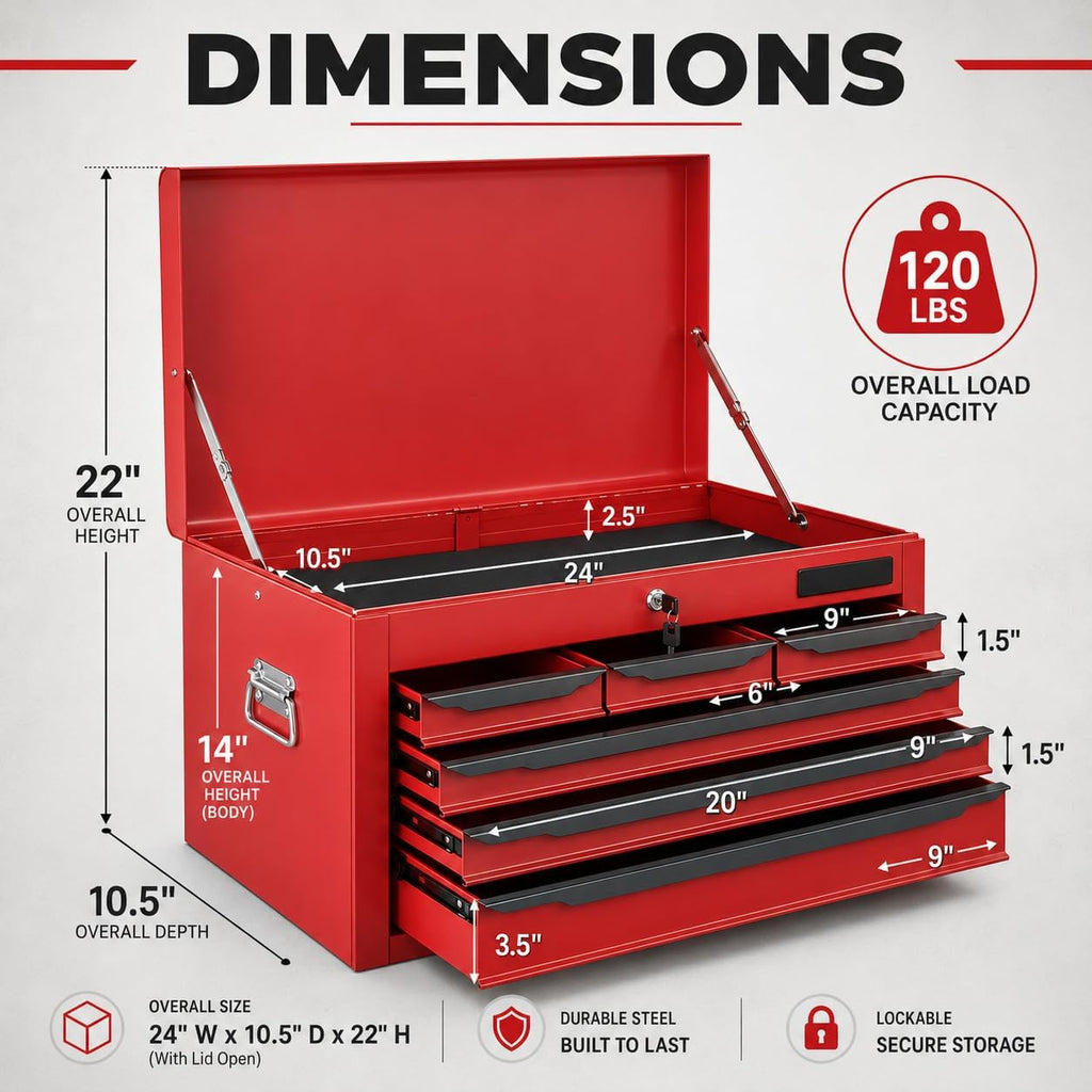 ARNOT Large Metal Tool Box, Tool Box with 6 Drawers & Top Tray, Heavy-Duty Steel Tool Chest with Auto-Locking Drawers and Side Handles for Garage & Workbench, Red