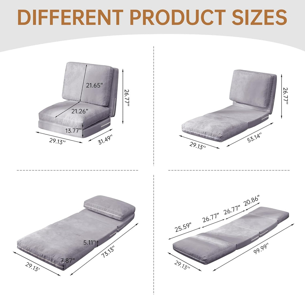 Cvortll 4-in-1 Folding Sofa Bed, Memory Foam Bean Bag Chair, Large Convertible Couch, Floor Foldable Sofa for Bedroom, Living Room, Apartment(Grey-Small)