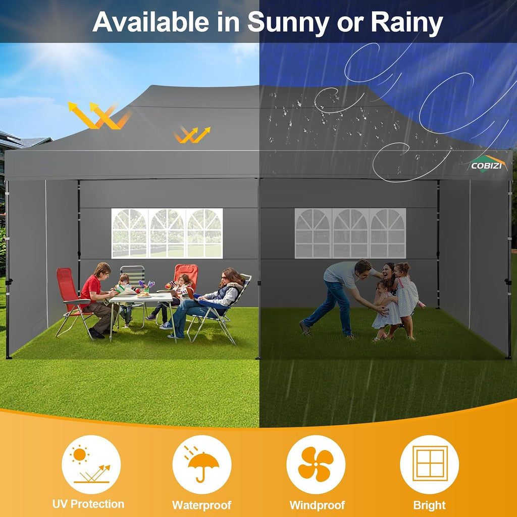 COBIZI 10x20 Pop up Canopy Tent 10x20 Canopy with 6 Sidewalls Waterproof Heavy Duty Commercial Tent for Parties Outdoor Garden Gazebo, Carry Bag with Wheel(10x20ft, Gray)