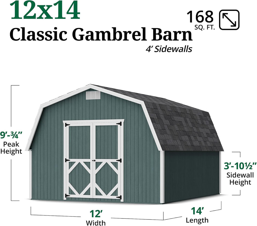 Little Cottage Co. 12x14 Classic Gambrel Barn with 4 ft. Sidewalls with Floor, Outdoor Wood Storage Shed Do-It-Yourself Precut Kit