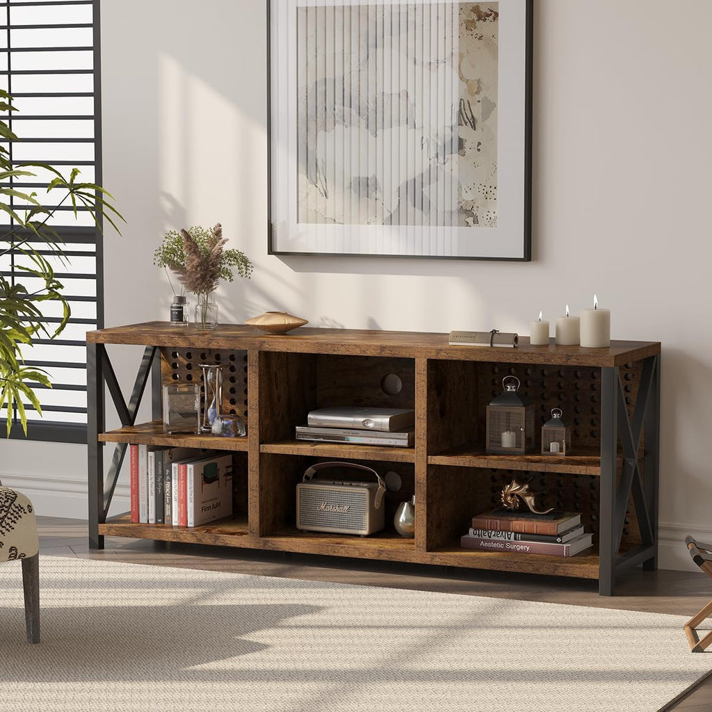 LVB TV Stand for 75 Inch TV, Industrial Wood and Metal Entertainment Center with Storage Shelf, Modern Television Media Console Table with Cabinet for Living Room Bedroom, Rustic Brown, 63in