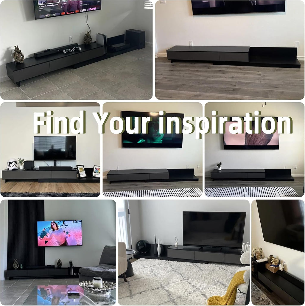 Telescoping TV Cabinet, 70.9 to 110.2 Inch Entertainment Center, Fits 85 Inch TV with 3 Drawer Media Cabinet, Gray + Matte Black, Modern Living Room Bedroom Organizer
