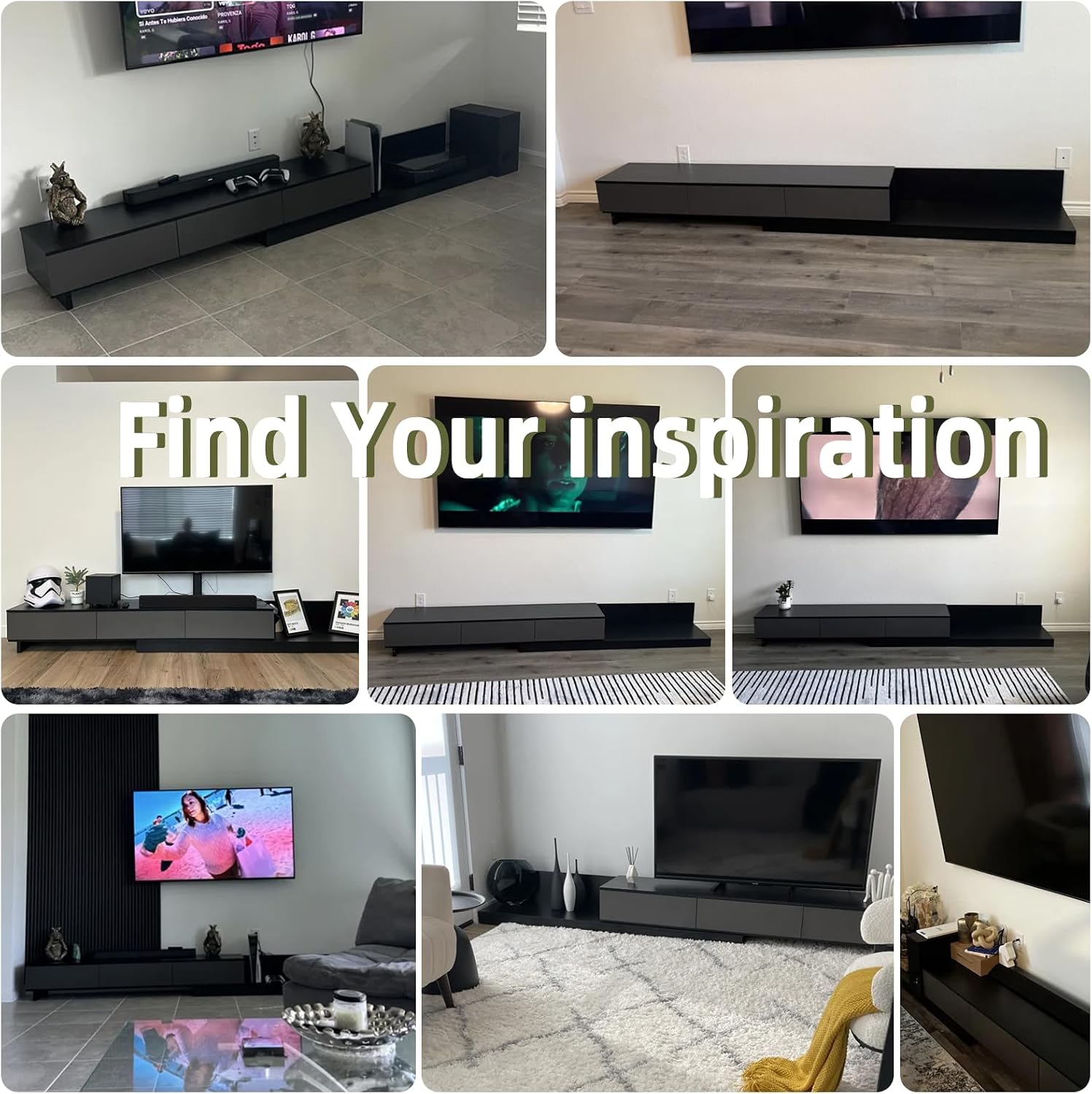 Telescoping TV Cabinet, 70.9 to 110.2 Inch Entertainment Center, Fits 85 Inch TV with 3 Drawer Media Cabinet, Gray + Matte Black, Modern Living Room Bedroom Organizer