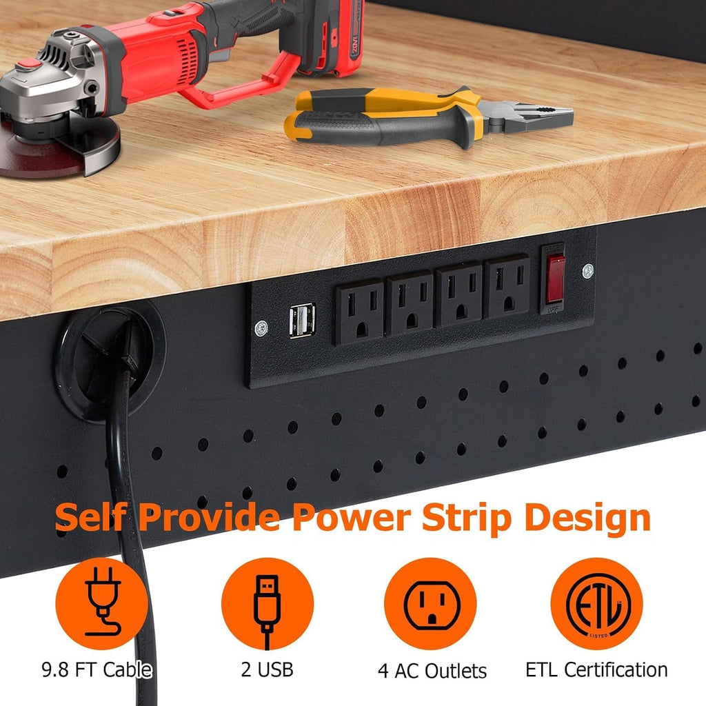 48' Adjustable Workbench with Wheels, 2000 LB Capacity, Power Outlets, Solid Hardwood Top, Heavy Duty Garage Work Table for Workshop, Home Office, DIY