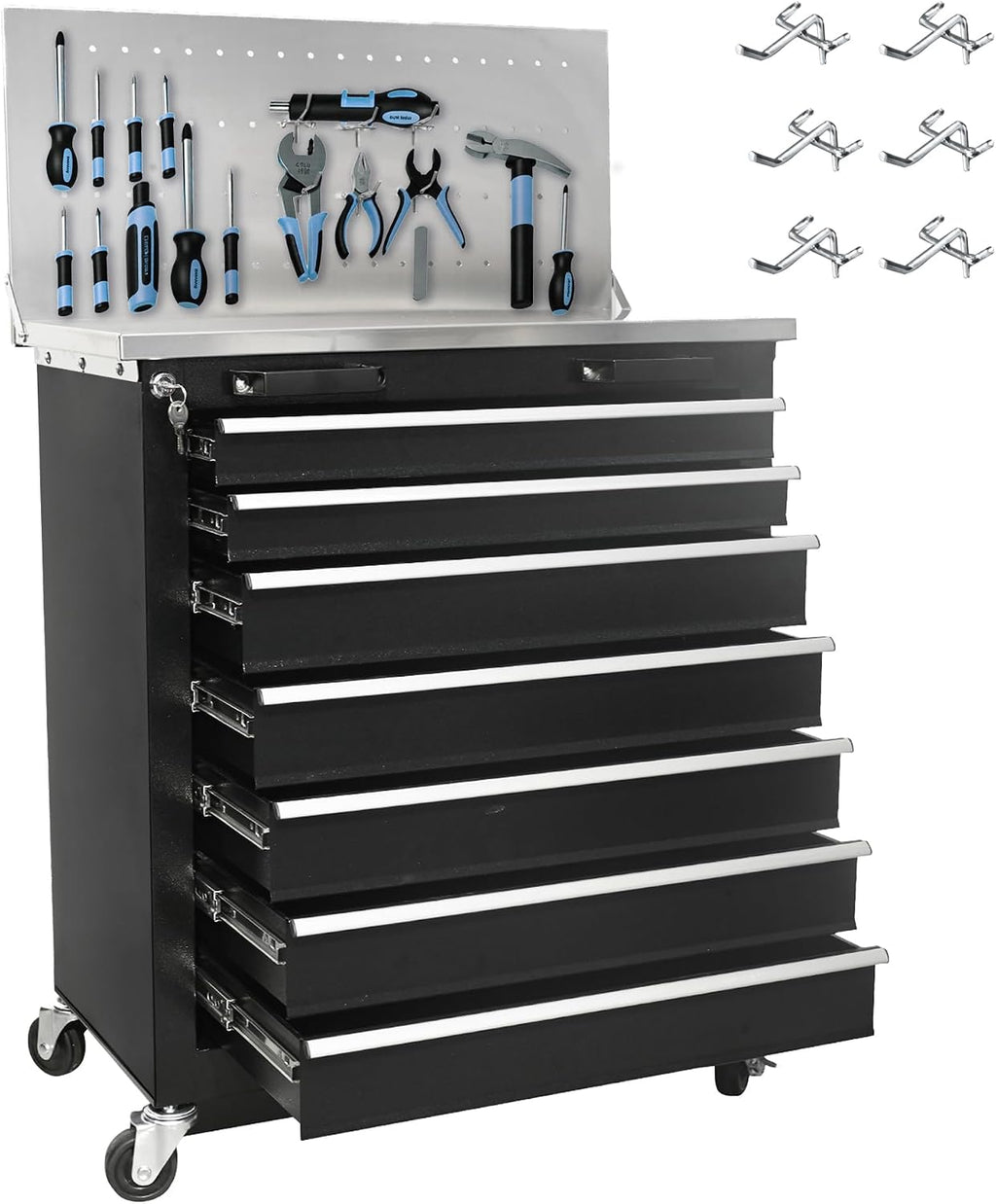 7-Drawer Rolling Tool Chest with Pegboard and Wheels, Heavy Duty Workstation with Stainless Steel Countertop and Drawers, Mechanics Tool Cabinet with Secure Locking System for Home, Office, Workshop