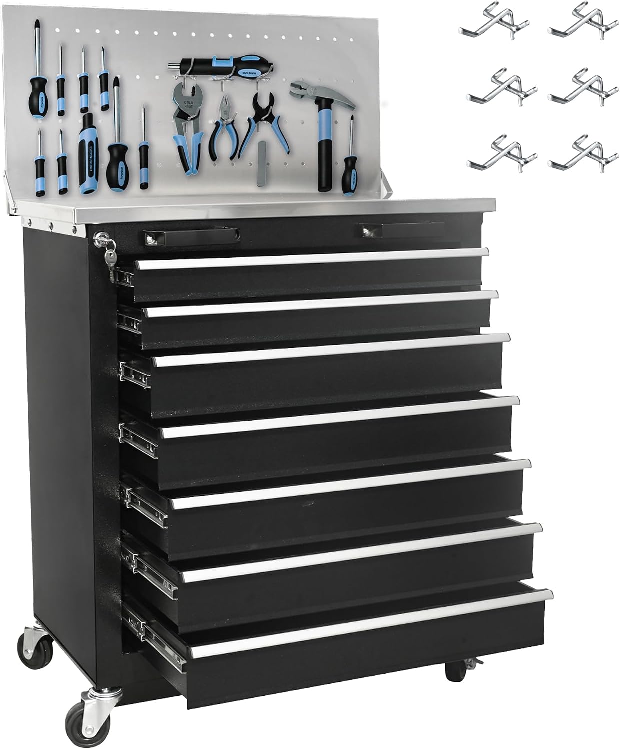 7-Drawer Rolling Tool Chest with Pegboard and Wheels, Heavy Duty Workstation with Stainless Steel Countertop and Drawers, Mechanics Tool Cabinet with Secure Locking System for Home, Office, Workshop