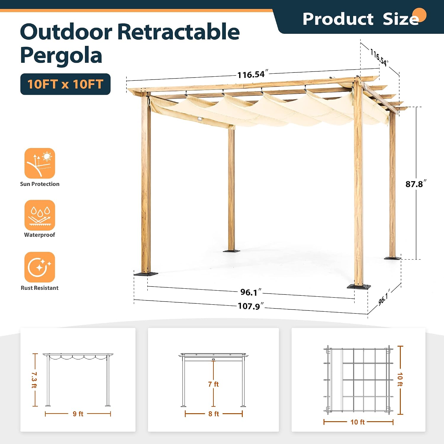 HAPPATIO 10' X 10' Wood-Grain Aluminum Pergola - Adjustable Sun Shade Canopy with Retractable Roof for Backyard, Deck, Patio, by The Pool (Beige)