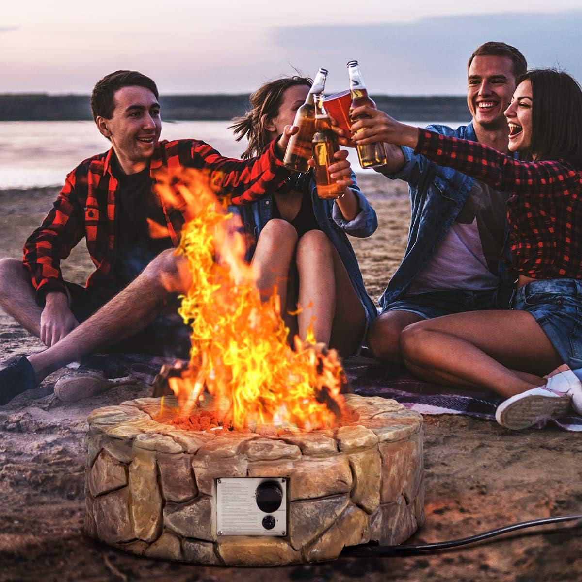 Giantex Gas Fire Pit, 28 Inch 40,000 BTU Propane Fire Pit Outdoor w/Natural Stone, Cover, ETL Certification, Stainless-Steel Gas Burner w/Electronic Ignition Lava Rock (Brown)