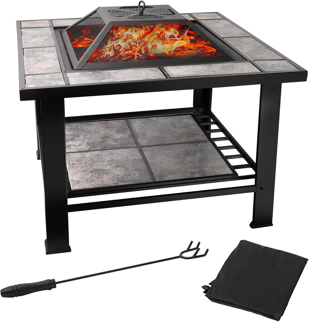 30-Inch Square Fire Pit Table, Wood Burning Fireplace/Firepit with Marble Tile Tabletop, Mesh Lid, Fire Grate, Poker and Nylon Cover