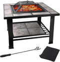 30-Inch Square Fire Pit Table, Wood Burning Fireplace/Firepit with Marble Tile Tabletop, Mesh Lid, Fire Grate, Poker and Nylon Cover