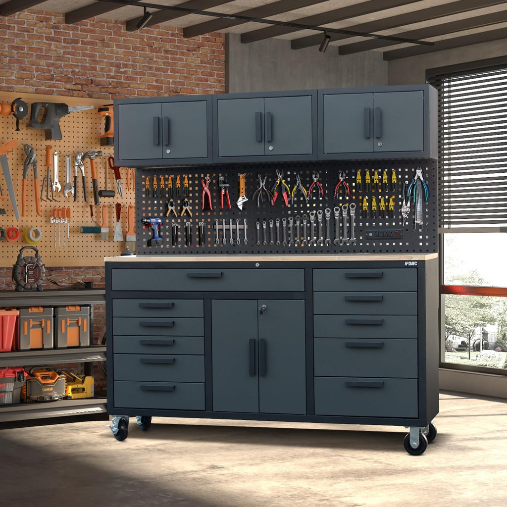 72in Rolling Tool Chest Cabinet, 2PCS Mobile Garage Workbench Heavy-Duty Tool Cabinet on Wheels with 11 Drawers, 2-Door Cabinet, 3 Top Cabinet, Pegboard & Power Strip for Tool Organization