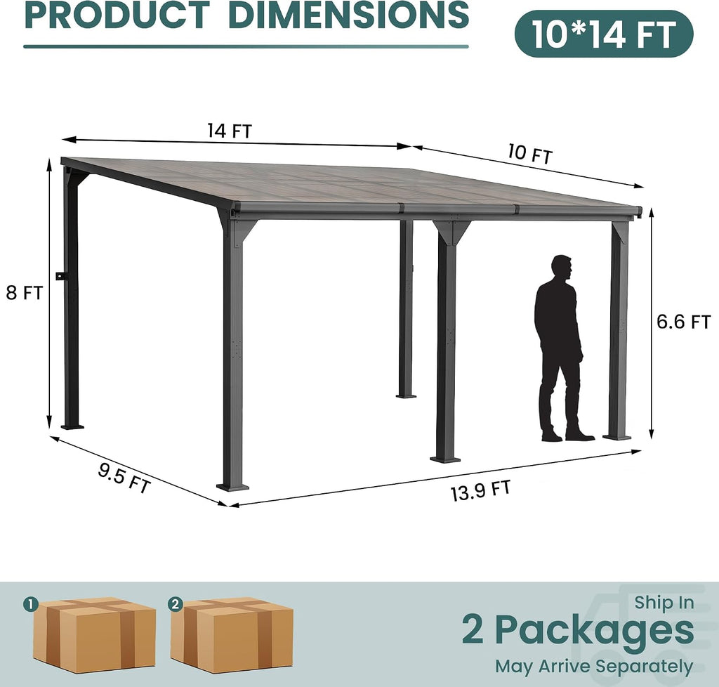 Pamapic 10 * 14FT Pergola,4 * 4 Inch Thickened Pillars & Enlarged Base,Outdoor Hardtop Lean to Gazebo,Wall Mounted Pergola,Pergolas Gazebos Clearance,Aluminum Frame Pergola,UV Resistant Patio Roof