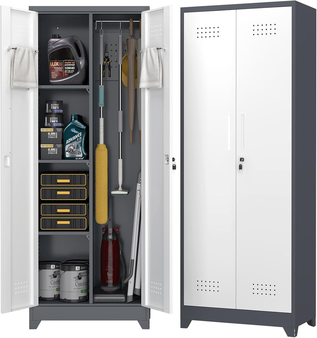 65' H Metal Garage Storage Cabinets with Doors and Shelves, Locking Cabinet, Broom Closet Storage Cabinets with Hanging Rod, Functional Tool Cabinet for Home, Garage, Kitchen