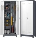 65' H Metal Garage Storage Cabinets with Doors and Shelves, Locking Cabinet, Broom Closet Storage Cabinets with Hanging Rod, Functional Tool Cabinet for Home, Garage, Kitchen