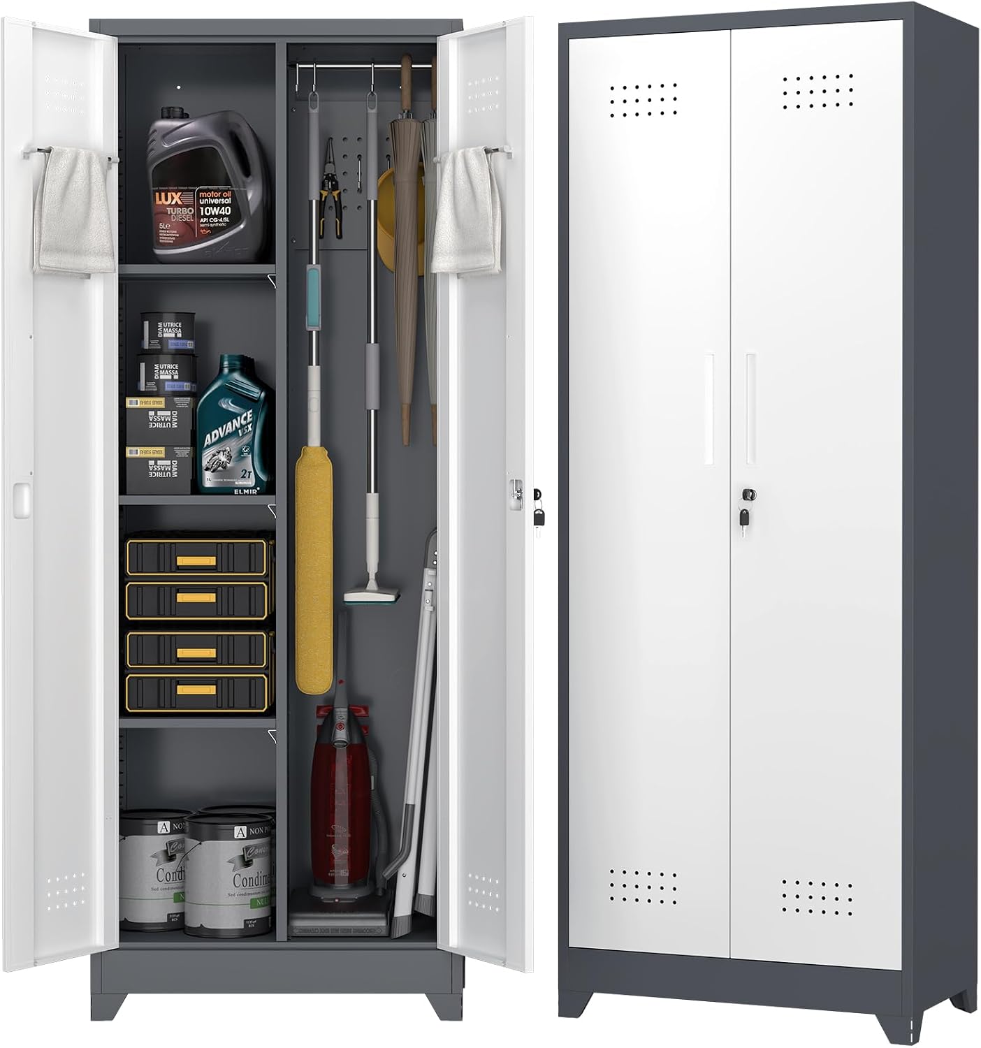 65' H Metal Garage Storage Cabinets with Doors and Shelves, Locking Cabinet, Broom Closet Storage Cabinets with Hanging Rod, Functional Tool Cabinet for Home, Garage, Kitchen