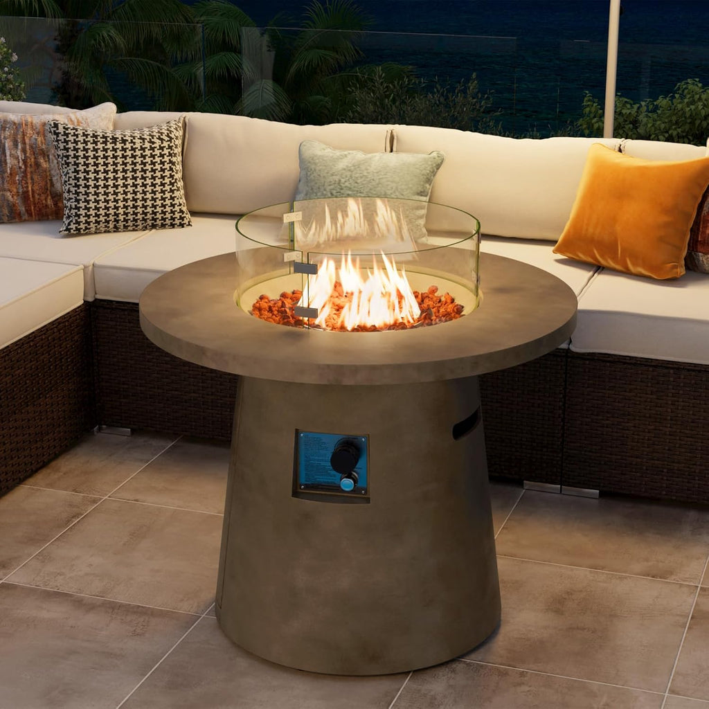 COSIEST 31.5-inch Round Fire Pit, Magnesium Oxide Outdoor Propane Fire Table, Certified, 40,000 BTU Stainless Steel Burner, Free Lava Rocks, Fits 20lb Tank Inside