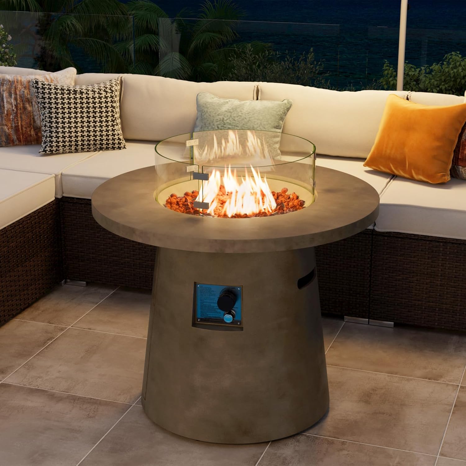 COSIEST 31.5-inch Round Fire Pit, Magnesium Oxide Outdoor Propane Fire Table, Certified, 40,000 BTU Stainless Steel Burner, Free Lava Rocks, Fits 20lb Tank Inside