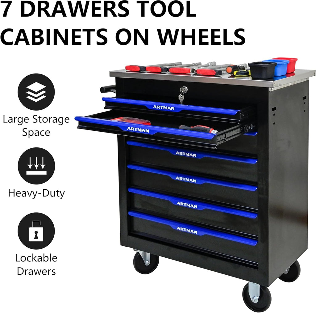 RYH 4/5/6/7 Drawers Rolling Tool Chest & Tool Box on Wheels | Heavy Duty Metal Cart with Ball Bearing Drawers | Fits US General Tool Box for Garage Storage (Black-4) (7-Drawer)
