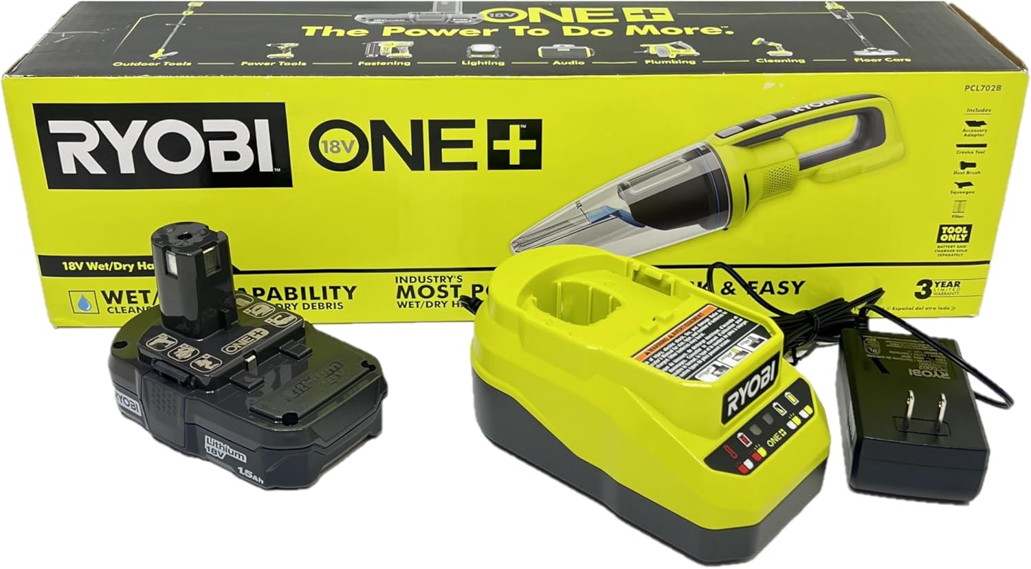 RYOBI ONE+ 18V PCL702 Cordless Wet/Dry Hand Vacuum Kit with Battery and Charger (Bulk Packaged)
