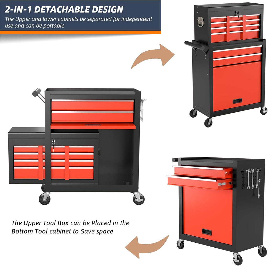 8-Drawer Rolling Tool Box, Lockable Rolling Tool Chest with Wheels and Drawers, 2 in 1 Large Capacity Storage Tool Cabinet for Warehouse, Garage, Tool Room and Repair Shop (Black&Red)