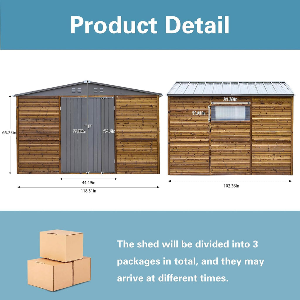8x10 FT Outdoor Tool Shed, Wood-Iron Combination Storage Shed with Ventilation, Weather-Resistant Roof, Lockable Doors & Wood Grain Finish for Backyard and Garden