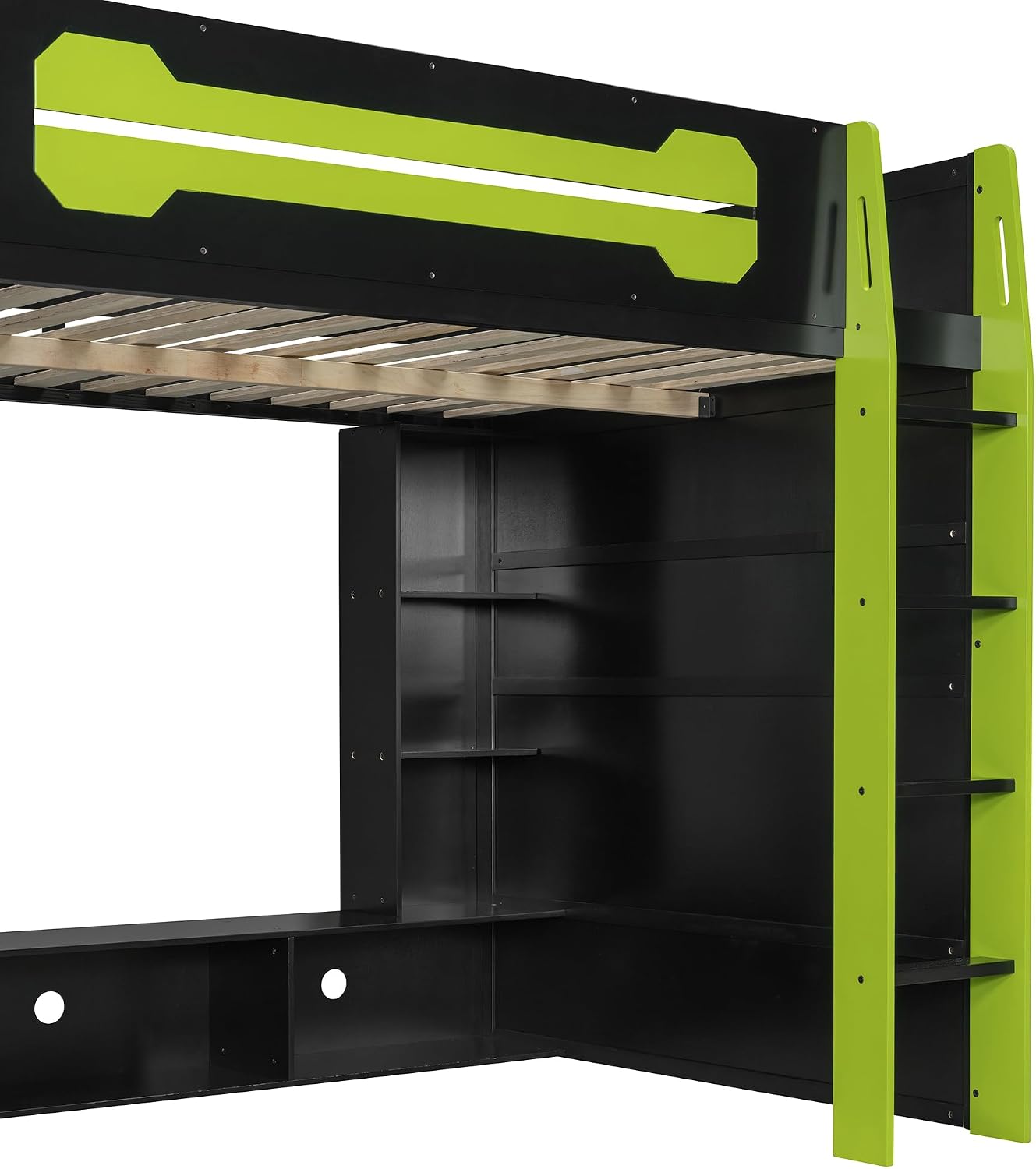 LUMISOL Full Size Gaming Loft Bed with Desk, Multi-Storage Shelves, RGB LED Lights & Built-in Charging Stations for Teens & Adults, Heavy Duty Support, Green Black