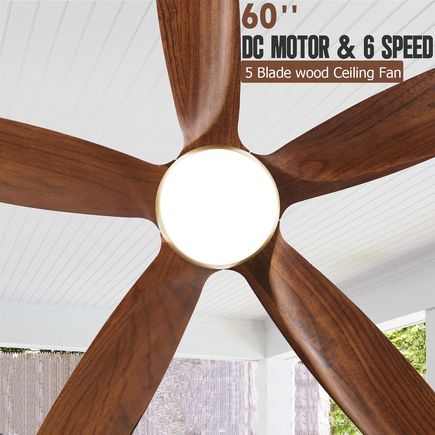60 Inch Gold Ceiling Fan with Light and Remote, Outdoor Ceiling Fan for Patio Porch Gazebo, 5 Blade Solid Wood Rustic Farmhouse Ceiling Fans with Quiet DC Motor, Dimmable 3CCT