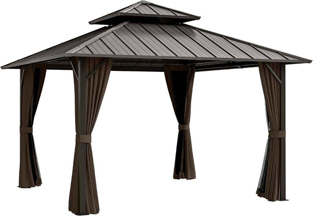 12' x 12' Hardtop Gazebo, Aluminum Frame with Double Galvanized Steel Roof, Outdoor Metal Gazebo with Netting & Curtains for Backyard, Garden, or Deck, Brown