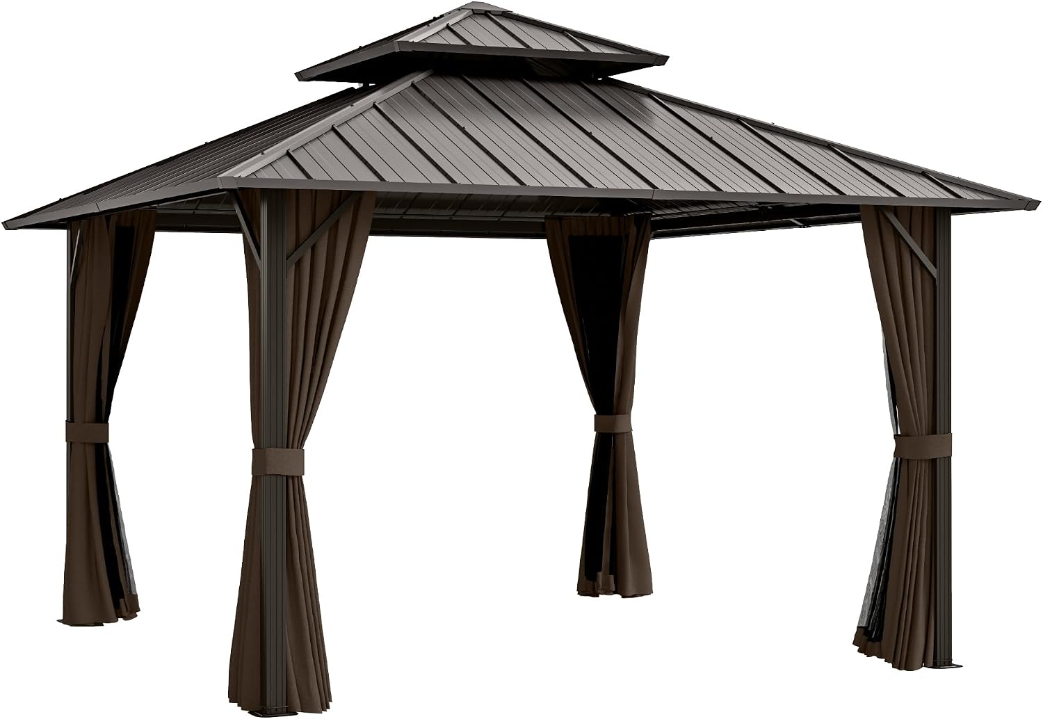 12' x 12' Hardtop Gazebo, Aluminum Frame with Double Galvanized Steel Roof, Outdoor Metal Gazebo with Netting & Curtains for Backyard, Garden, or Deck, Brown