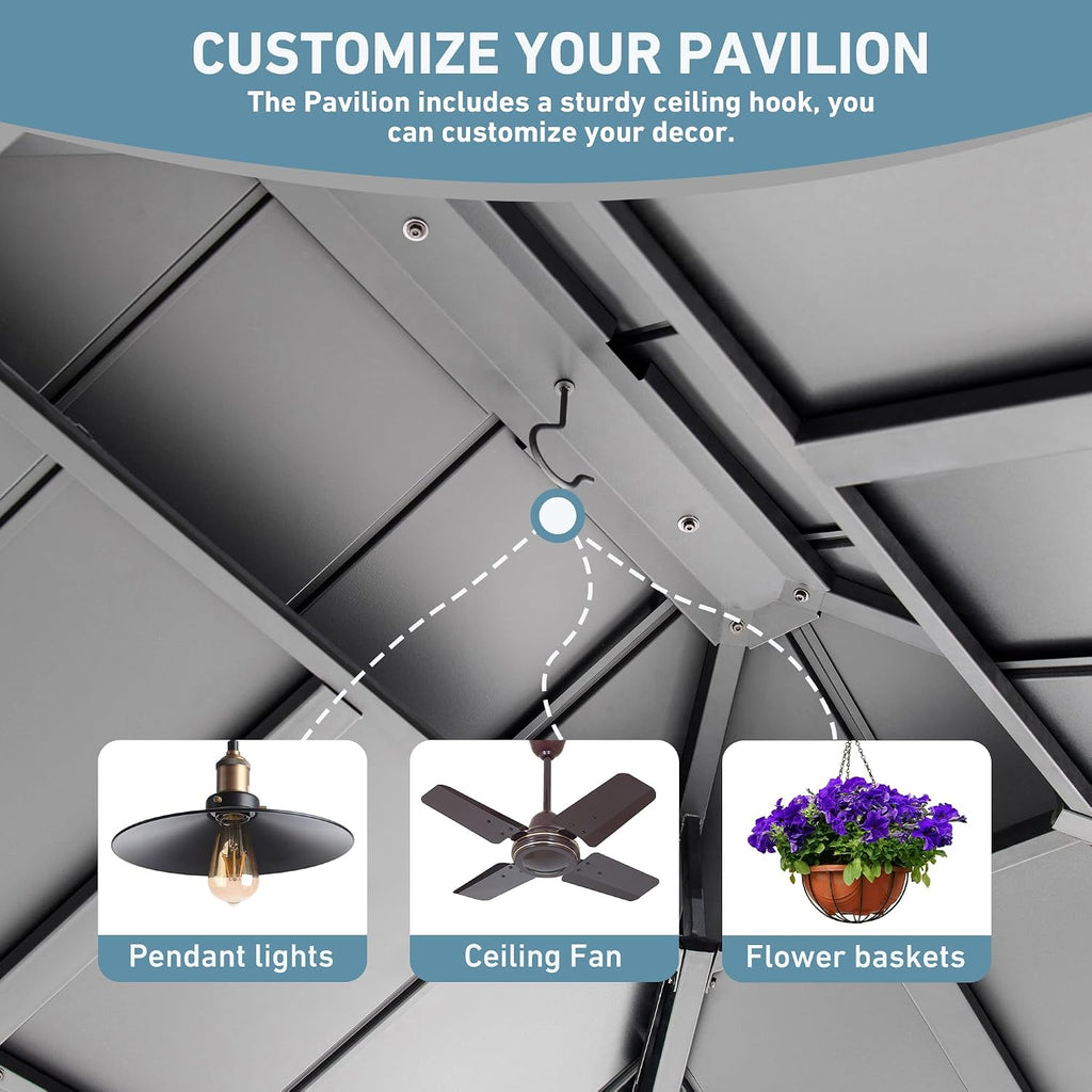 Big Leaf 12' x 14' Hardtop Gazebo with LED Strip Lights – Galvanized Steel Double Roof, USB and USB-C connectors, Mosquito Netting and Curtains – Outdoor Metal Gazebo for Decks and Backyards, Black