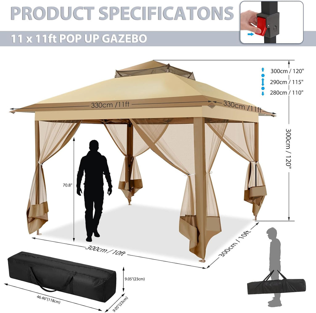 COBIZI Pop Up Gazebo 11x11 One-Push Canopy Tent, Carpas Para Patio, Outdoor Canopy Shelter with Double Roof Ventiation 121 Square Feet of Shade for Lawn, Garden, Backyard and Deck, Khaki(Upgraded 2.0)