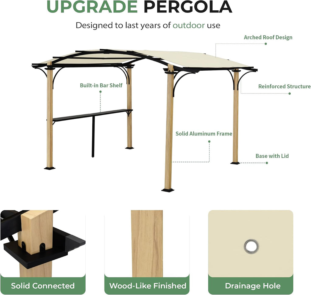 10' x 13' Arched Top Outdoor Pergola, Aluminum Frame Gazebo with Storage Shelf, Wood-Like Frame Patio Pergola Shade for Patio, Backyard, Garden, Poolside, Beige