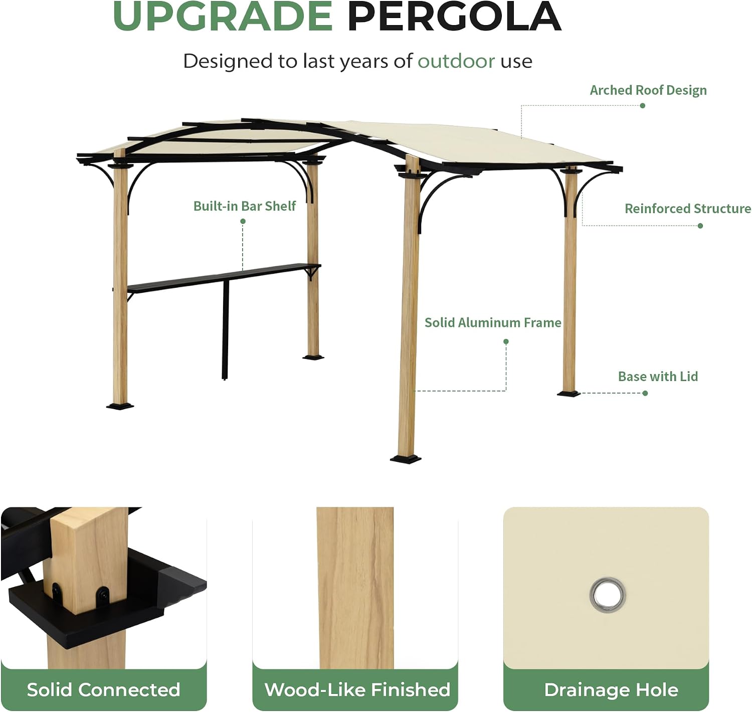 10' x 13' Arched Top Outdoor Pergola, Aluminum Frame Gazebo with Storage Shelf, Wood-Like Frame Patio Pergola Shade for Patio, Backyard, Garden, Poolside, Beige