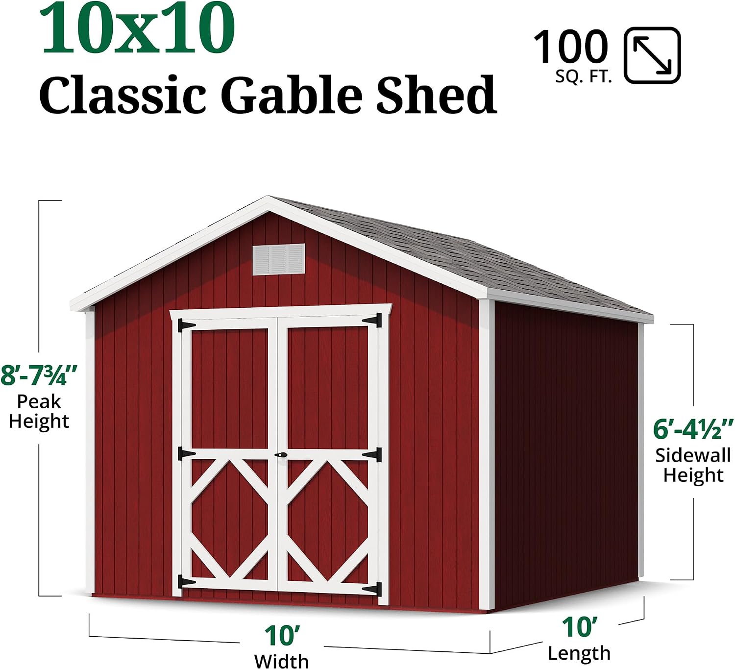 Little Cottage Co. 10x10 Classic Gable Shed with Floor, Outdoor Wood Storage Do-It-Yourself Precut Kit