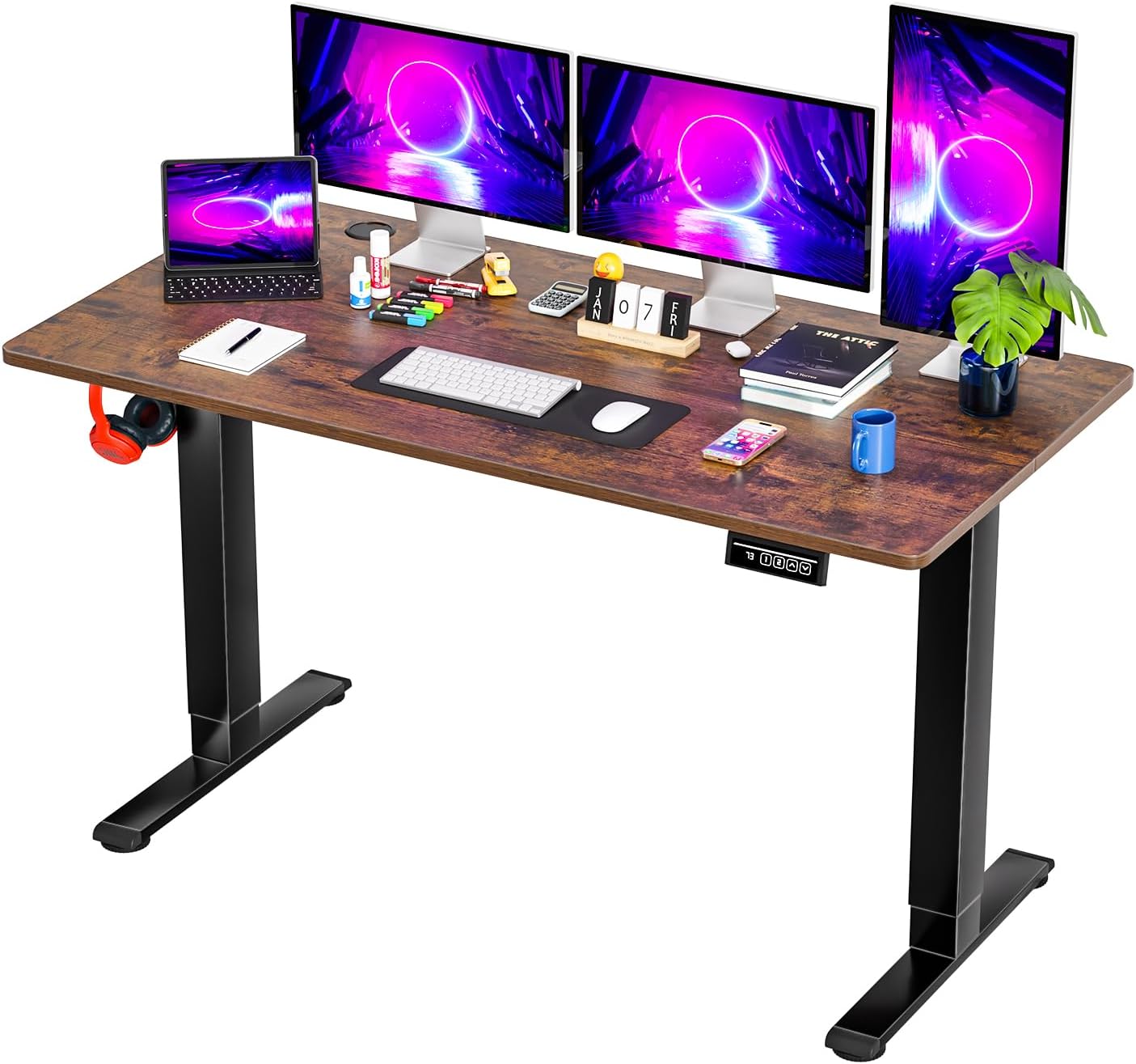 PayLessHere 55 Inch Electric Standing Desk Sit Stand up Desk Home Office Desk with Large Space Headphone Holder 2 Memory Function for Home,Office,Meeting Room (Brown)
