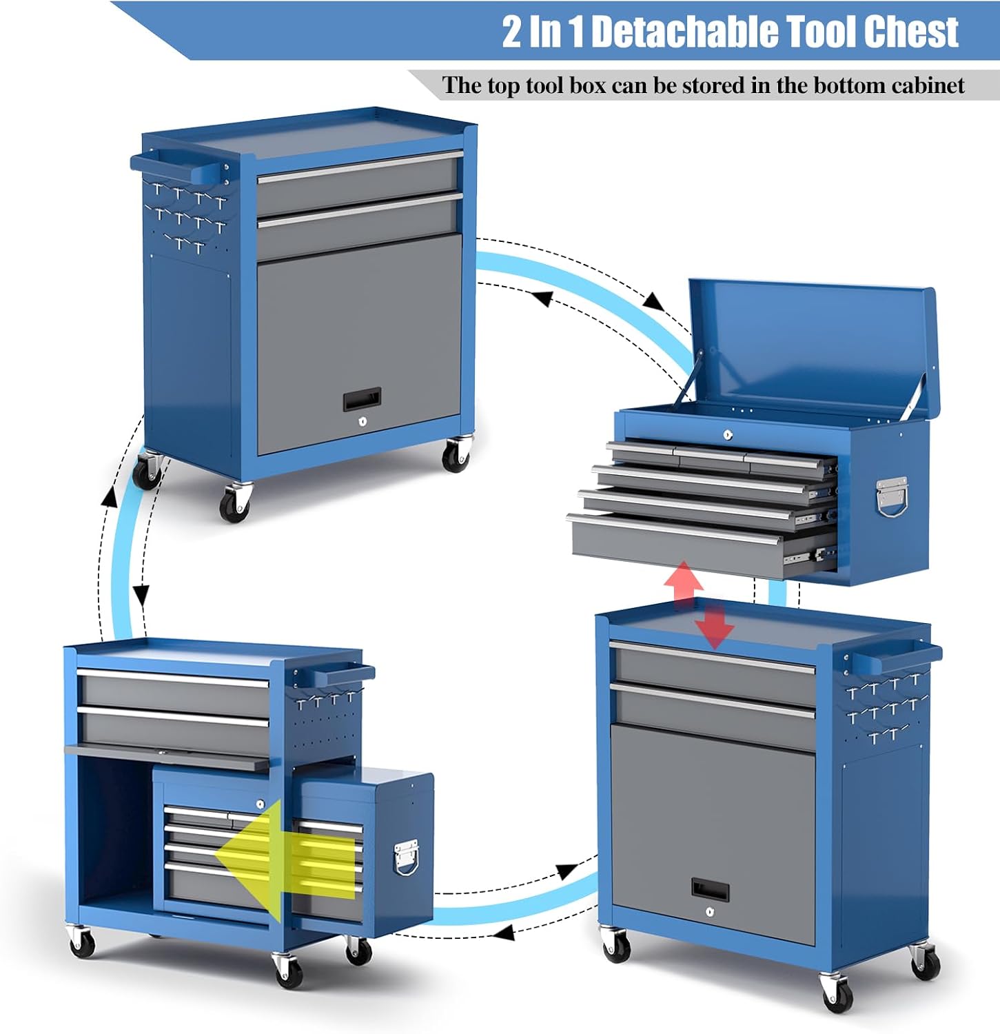 AIRAJ 8-Drawer Tool Chest with 360° Swivel Castors,42' Rolling Tool Chest with Drawers and Lock,2-in-1 Detachable Metal Cabinet with Drawer Liners and Trays,Suitable for Garages,Workshops &Warehouses