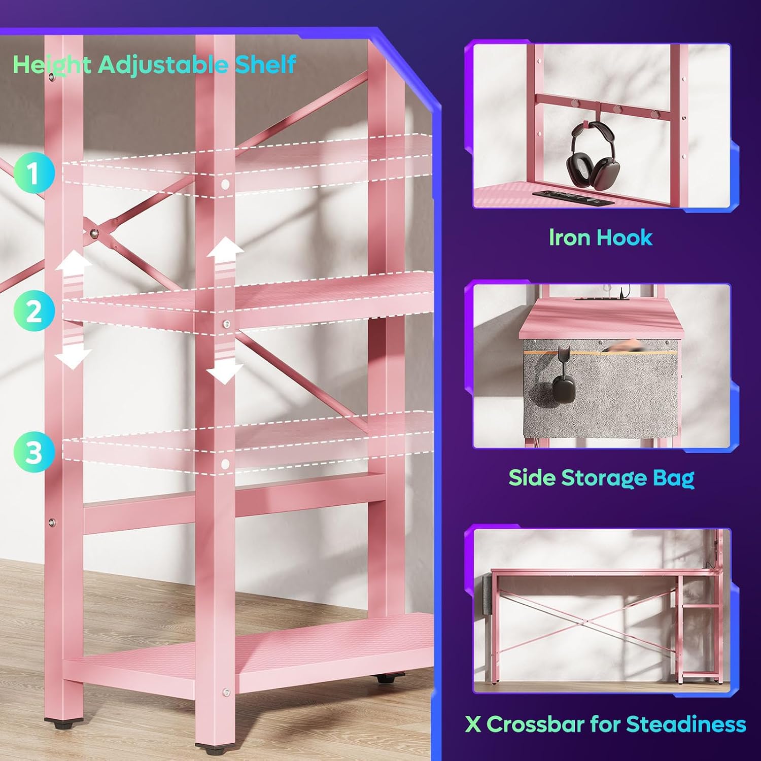 Bestier Gaming Desk with Power Outlets, 61 Inch Large Led Gamer Desk with 4 Tiers Reversible Shelves, PC Gaming Table with Headset Hook & Side Storage Bag for Bedroom (Pink 3D Carbon Fiber)