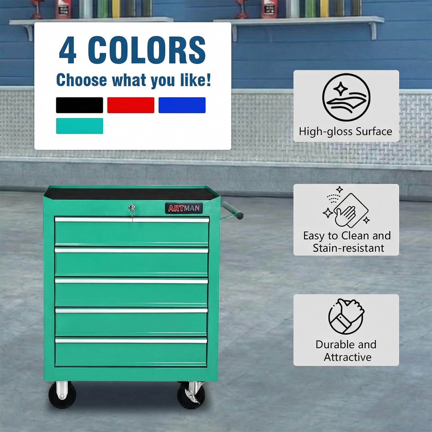 5 Drawers Tool Cart on Wheels,Rolling Tool Chest Tool Storage,Drawers Rolling Tool Trolley Organizer Tool Case for Garage, Warehouse, Workshop, Repair Shop (5 Drawers-Green)