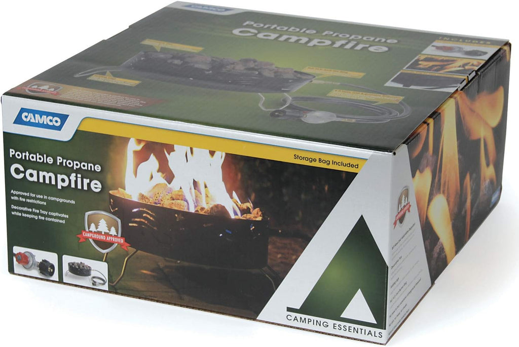 Camco 58041 Portable Campfire Outdoor Propane Heater Compact Fire Pit with Lava Rocks for Camping, Tailgating, and Patios, Black