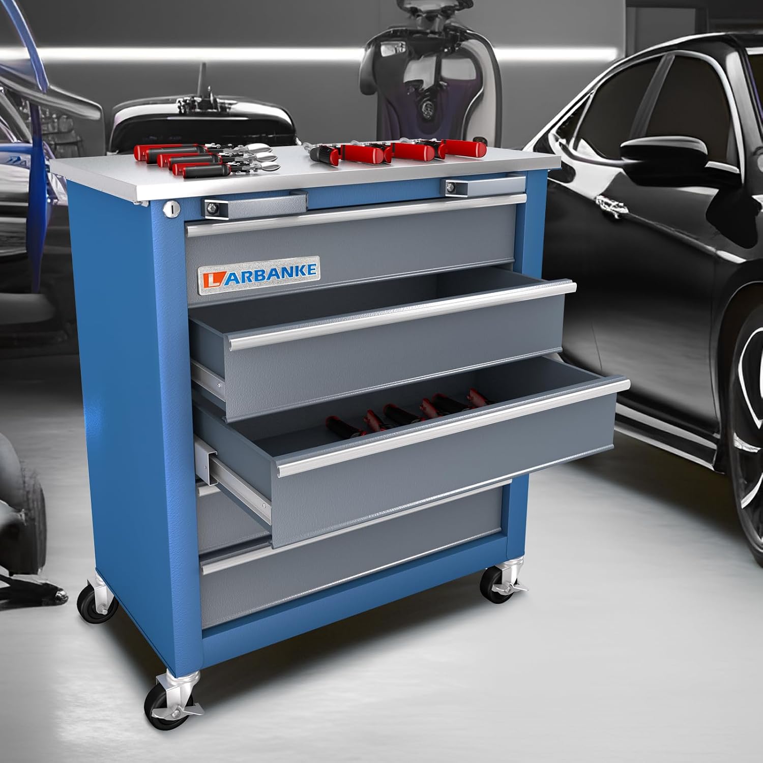 LARBANKE 5-Drawer Rolling Tool Chest,Locking Metal Tool Cabinet with Drawer Liners,Non-Slip Pearl Cotton Mat,360° Wheels for Easy Move,Can be Used in Combination with The Seven-Drawer Tool Cabinet